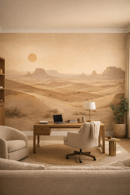 Sand Mediterranean Modern desert landscape featuring mesas - Wall Mural Peel and Stick Wallpaper for Mediterranean Modern Executive Home Office.