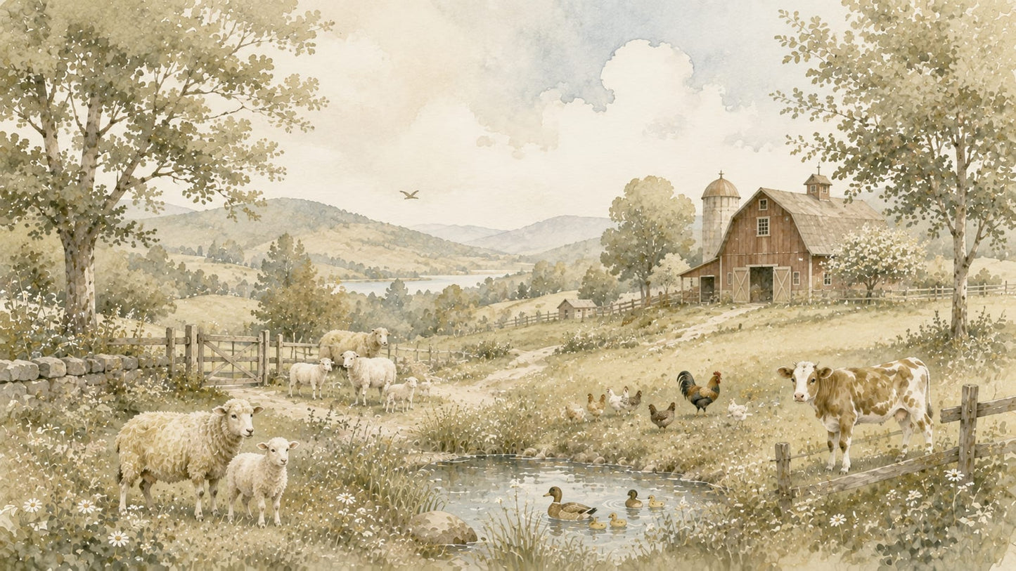 Serene pastoral Sage farm landscape featuring farm animals, barn and pond - Wall Mural & Peel and Stick Wallpaper for Watercolor Interiors and Premium Home Styling