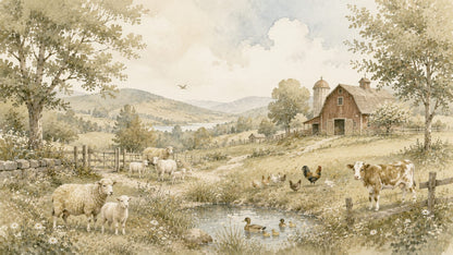 Serene pastoral Sage farm landscape featuring farm animals, barn and pond - Wall Mural & Peel and Stick Wallpaper for Watercolor Interiors and Premium Home Styling