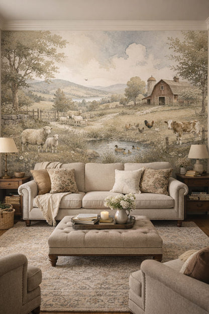 Green cream pastoral farm landscape featuring barn - Wall Mural Peel and Stick Wallpaper for English Cottage Living Room.