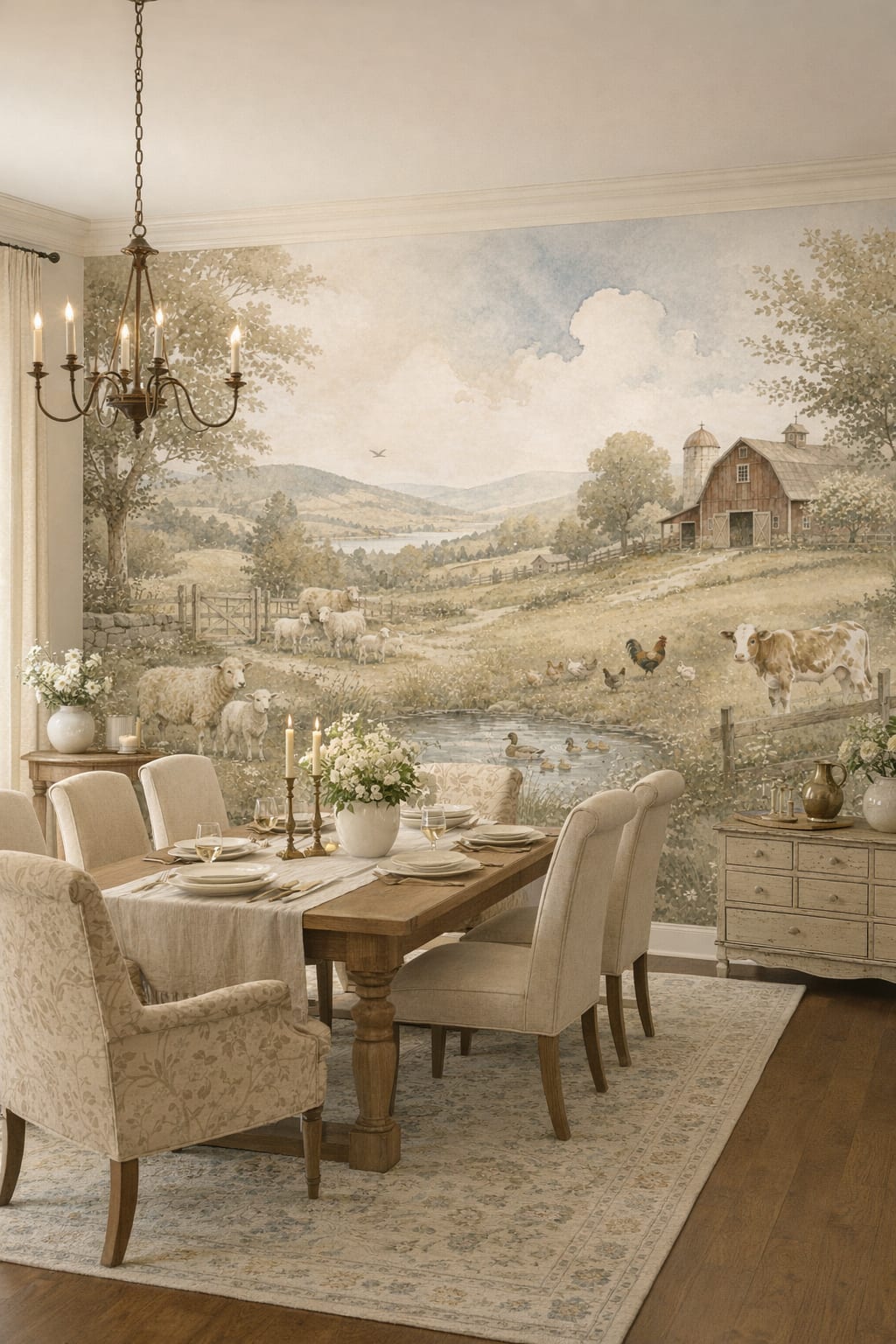 French Country beige pastoral farm landscape featuring barn - Wall Mural Peel and Stick Wallpaper for French Country Formal Dining Room.