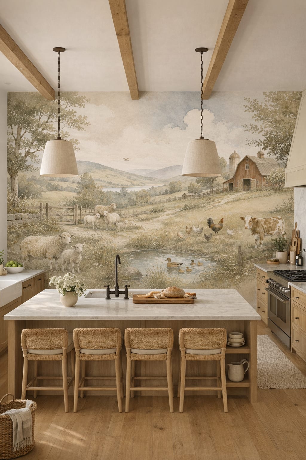 Greige Modern Farmhouse pastoral farm landscape featuring barn - Wall Mural Peel and Stick Wallpaper for Modern Farmhouse High-end Kitchen.