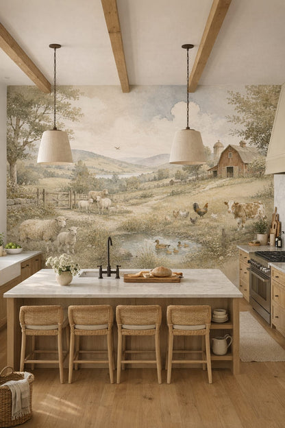 Greige Modern Farmhouse pastoral farm landscape featuring barn - Wall Mural Peel and Stick Wallpaper for Modern Farmhouse High-end Kitchen.