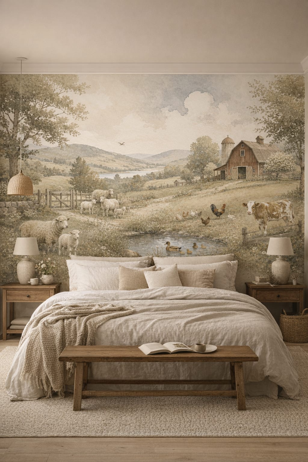 Muted-earth Wabi-sabi pastoral farm landscape featuring barn - Wall Mural Peel and Stick Wallpaper for Wabi-sabi Master Bedroom.