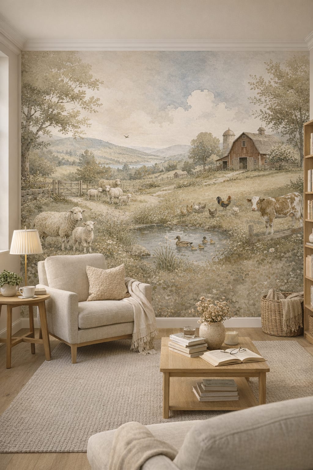 Scandinavian white-gray pastoral farm landscape featuring barn - Wall Mural Peel and Stick Wallpaper for Scandinavian Reading Corner.