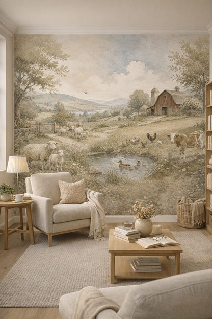 Scandinavian white-gray pastoral farm landscape featuring barn - Wall Mural Peel and Stick Wallpaper for Scandinavian Reading Corner.