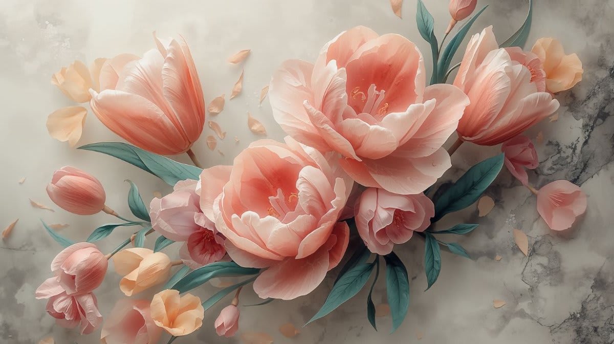 Romantic refined Blush Pink floral bouquet featuring peonies, petals, sage leaves and marble texture - Wall Mural & Peel and Stick Wallpaper for Peony Watercolor Interiors and Premium Home Styling