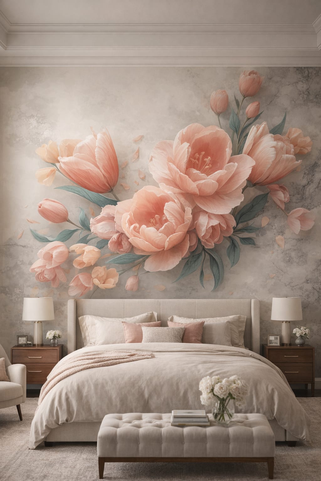 Modern Classic cream - Blush peony floral on warm gray stone - Wall Mural Peel and Stick Wallpaper for Modern Classic Master Bedroom.