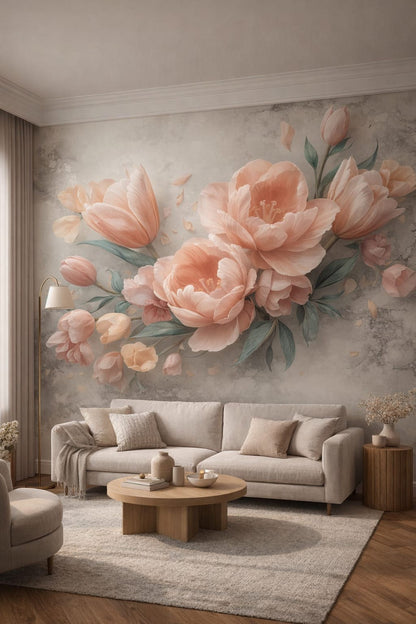 Quiet Luxury greige - Oversized blush peony floral - Wall Mural Peel and Stick Wallpaper for Quiet Luxury Living Room.