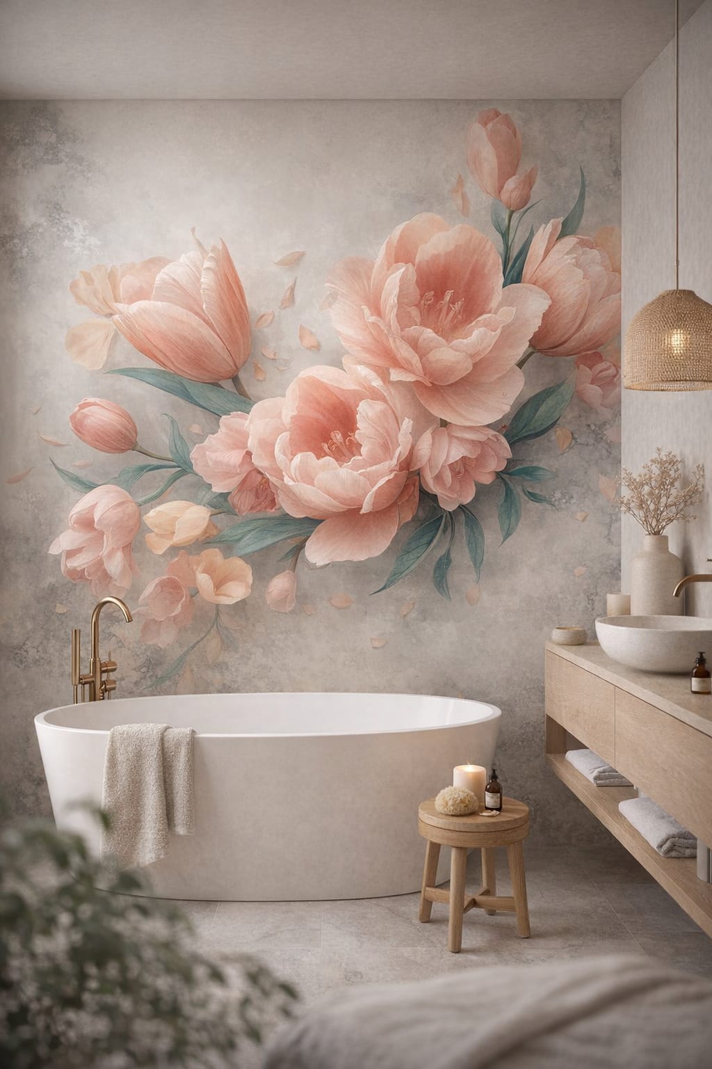 Organic Modern cream-toned Peony florals - Wall Mural Peel and Stick Wallpaper for Organic Modern Luxury Bathroom.