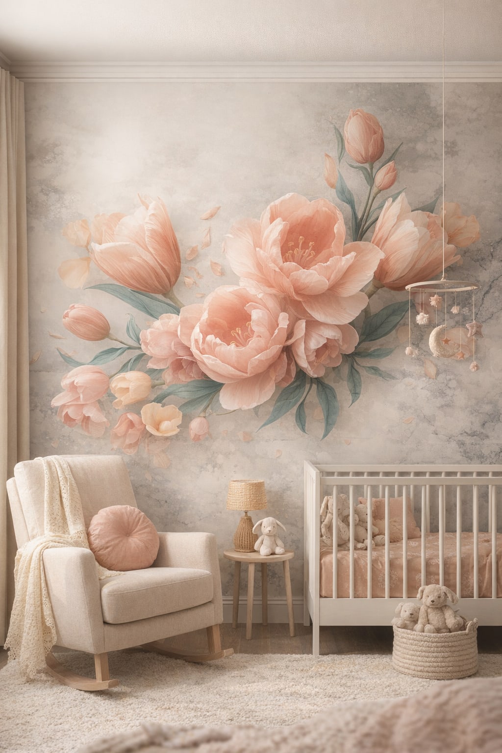 Romantic blush - Peony florals - Wall Mural Peel and Stick Wallpaper for Romantic Nursery.