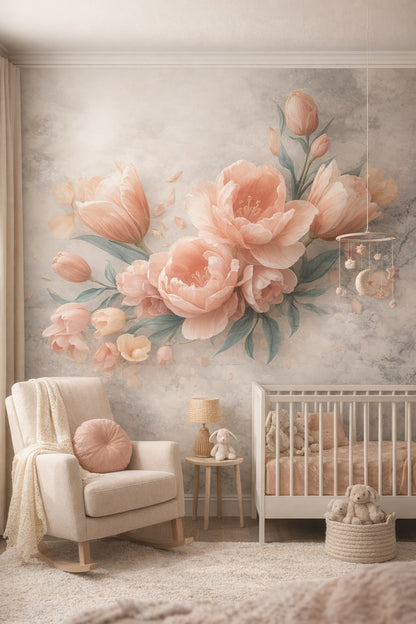 Romantic blush - Peony florals - Wall Mural Peel and Stick Wallpaper for Romantic Nursery.