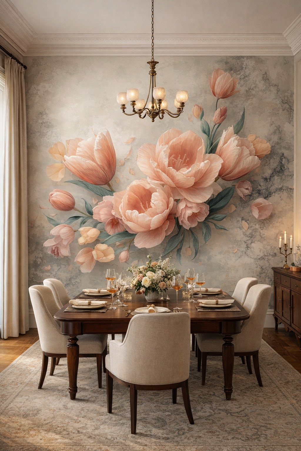 Art Nouveau cream - Blush peony floral bouquet - Wall Mural Peel and Stick Wallpaper for Art Nouveau Formal Dining Room.