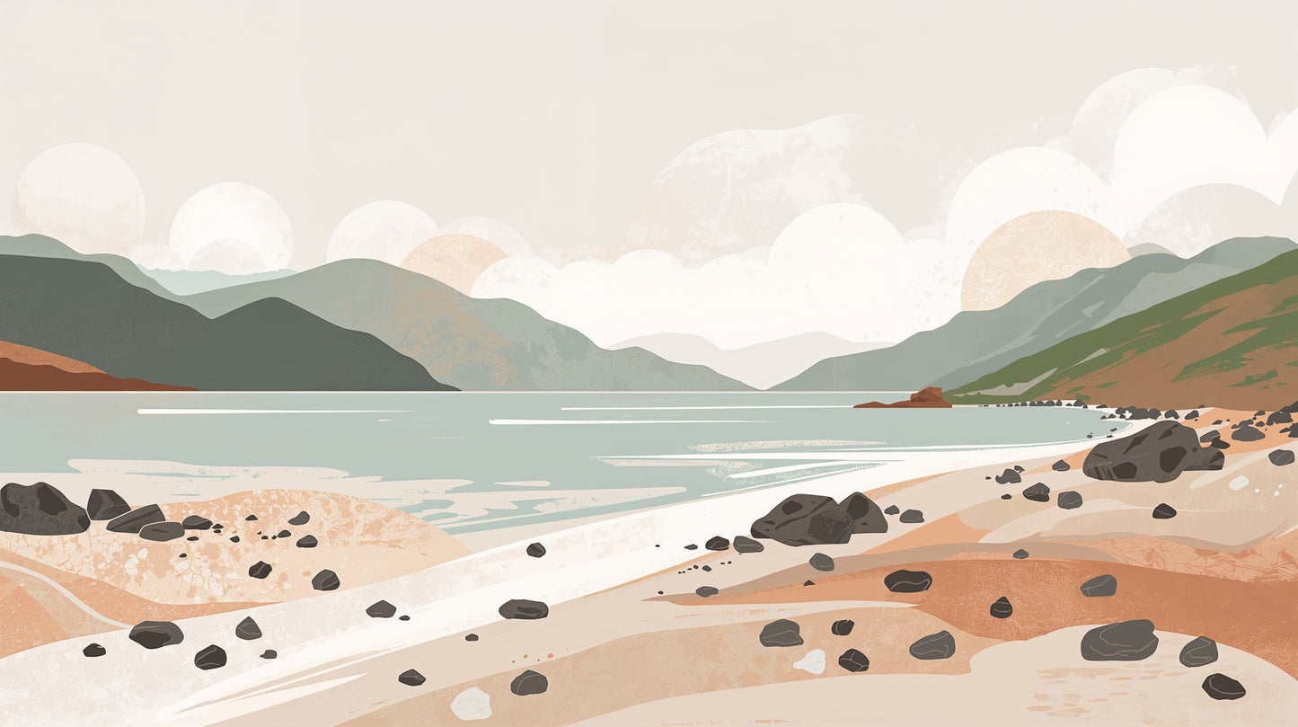 Airy Layered Beige coastal landscape featuring mountains and rocky shore - Wall Mural & Peel and Stick Wallpaper for Illustrated Interiors and Premium Home Styling