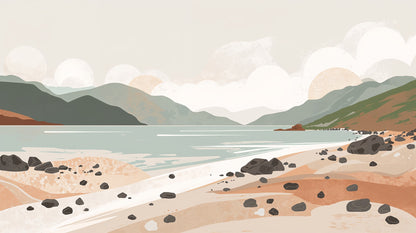 Airy Layered Beige coastal landscape featuring mountains and rocky shore - Wall Mural & Peel and Stick Wallpaper for Illustrated Interiors and Premium Home Styling