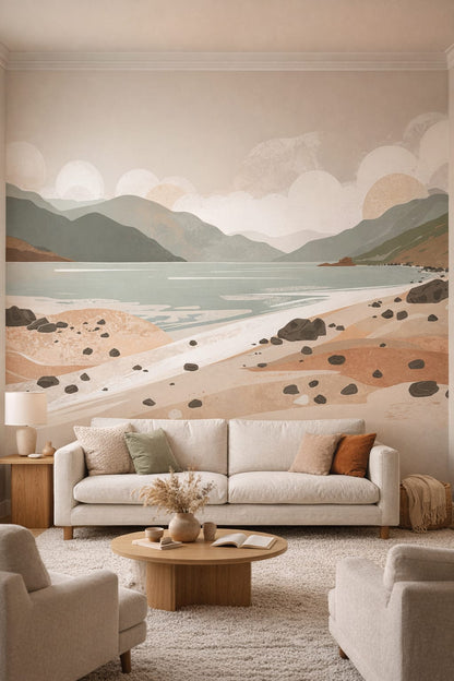 Organic Modern cream-toned coastal landscape featuring calm water - Wall Mural Peel and Stick Wallpaper for Organic Modern Living Room.