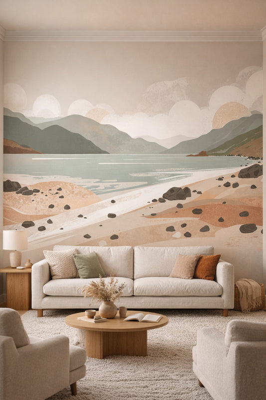 Organic Modern cream-toned coastal landscape featuring calm water - Wall Mural Peel and Stick Wallpaper for Organic Modern Living Room.