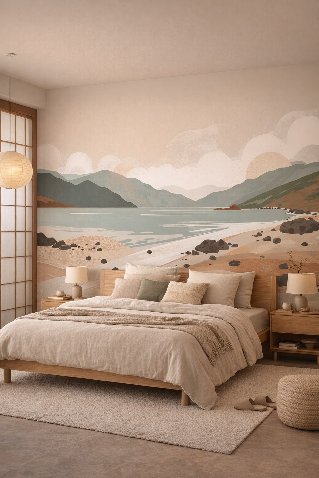 Japandi sand-toned coastal landscape featuring rocky shore - Wall Mural Peel and Stick Wallpaper for Japandi Master Bedroom.