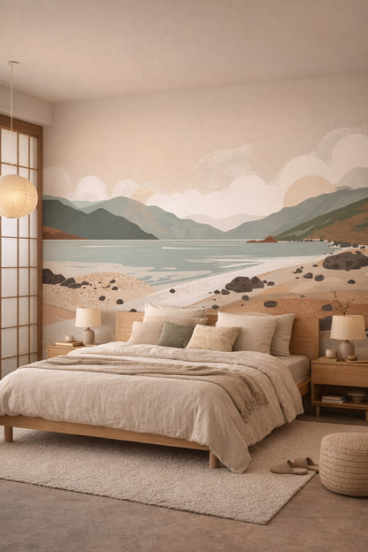 Japandi sand-toned coastal landscape featuring rocky shore - Wall Mural Peel and Stick Wallpaper for Japandi Master Bedroom.