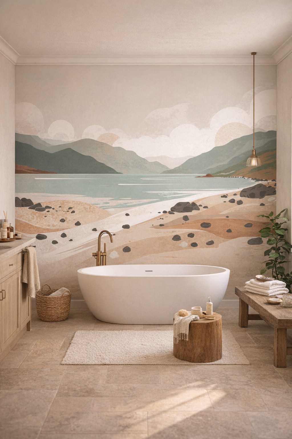 Coastal-inspired sand-toned coastal landscape featuring calm water - Wall Mural Peel and Stick Wallpaper for Coastal Luxury Bathroom.