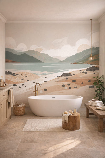 Coastal-inspired sand-toned coastal landscape featuring calm water - Wall Mural Peel and Stick Wallpaper for Coastal Luxury Bathroom.