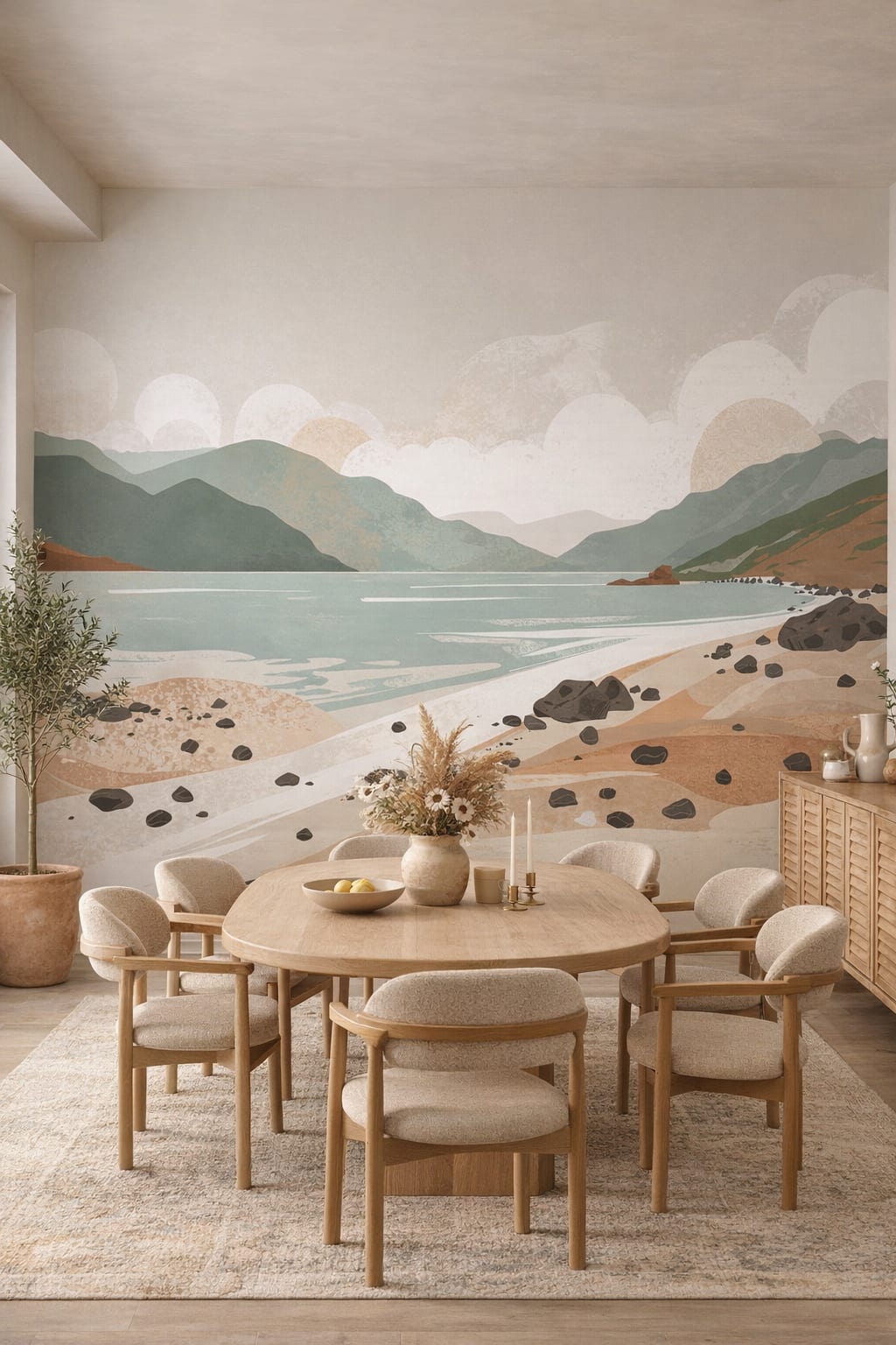 Mediterranean sand-toned coastal landscape featuring mountains - Wall Mural Peel and Stick Wallpaper for Mediterranean Modern Formal Dining Room.