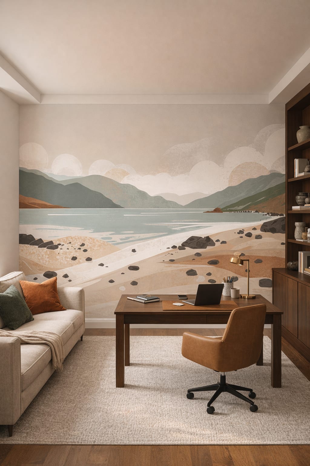 Modern neutral coastal landscape featuring mountains - Wall Mural Peel and Stick Wallpaper for California Modern Executive Home Office.
