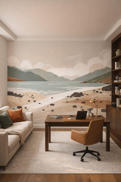 Modern neutral coastal landscape featuring mountains - Wall Mural Peel and Stick Wallpaper for California Modern Executive Home Office.
