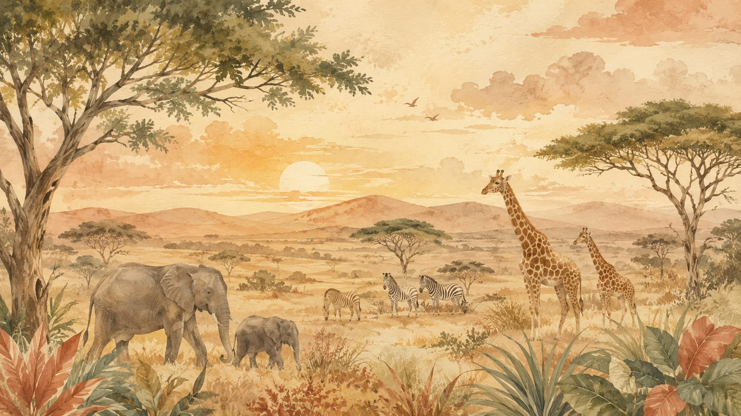 Painterly Watercolor Beige safari animals featuring savanna landscape and sunset sky - Wall Mural & Peel and Stick Wallpaper for Whimsical Nursery or Kids Room