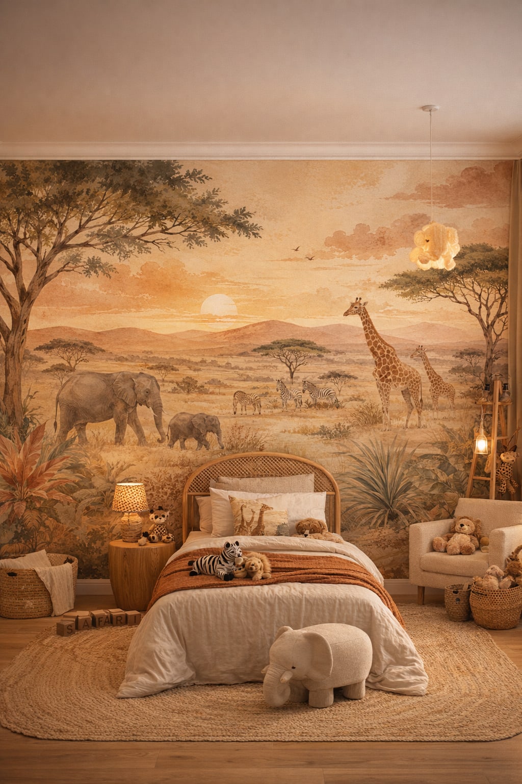Modern sand-toned safari animals featuring sunset sky - Wall Mural Peel and Stick Wallpaper for Modern Safari Kids Bedroom.