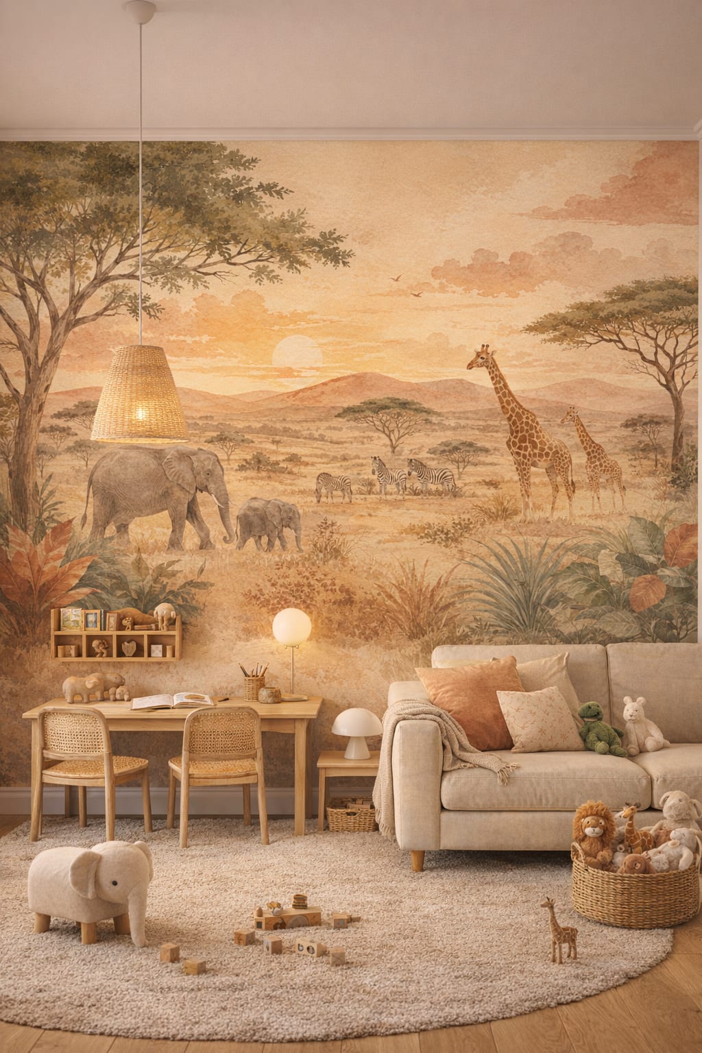 Scandi birch safari animals featuring savanna landscape - Wall Mural Peel and Stick Wallpaper for Scandi Kids Homework / Study Corner.