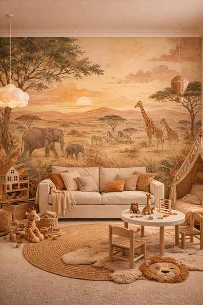 Boho terracotta safari animals featuring sunset sky - Wall Mural Peel and Stick Wallpaper for Whimsical Boho Playroom.