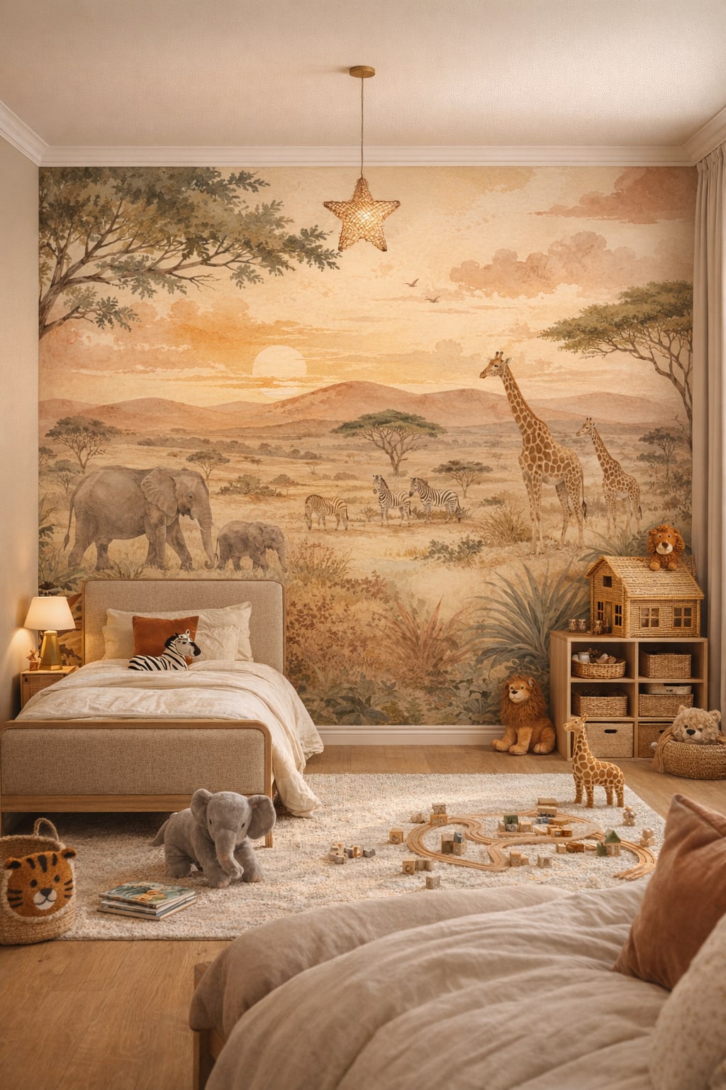 Mid-century walnut safari animals featuring sunset sky - Wall Mural Peel and Stick Wallpaper for Mid-century Kids Kids Bedroom.