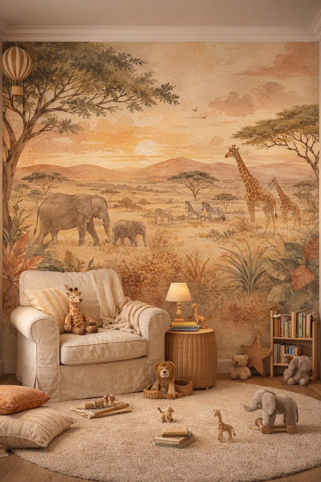 Storybook cream safari animals featuring sunset sky - Wall Mural Peel and Stick Wallpaper for Classic Storybook Reading Corner.