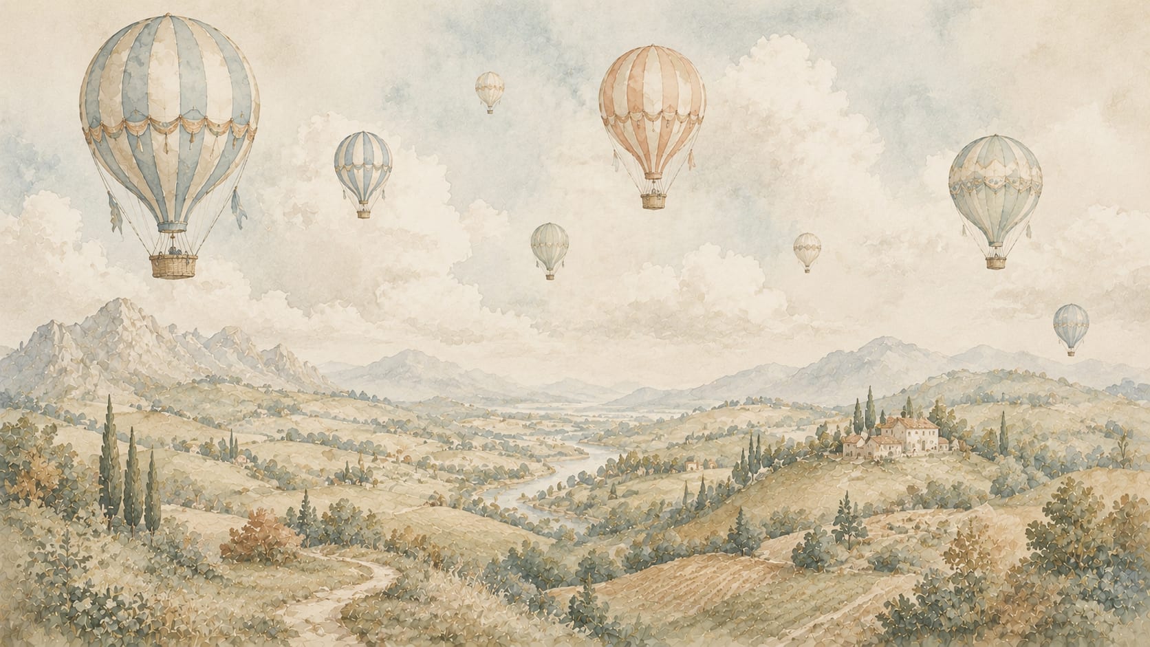 Dreamy Watercolor Beige hot air balloons featuring countryside landscape and mountain vista - Wall Mural & Peel and Stick Wallpaper for Watercolor Nursery or Kids Room