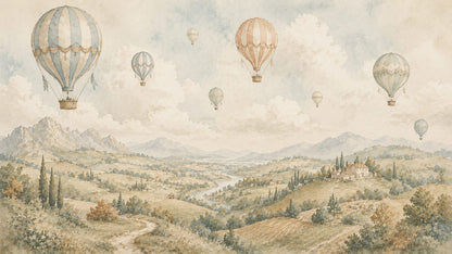 Dreamy Watercolor Beige hot air balloons featuring countryside landscape and mountain vista - Wall Mural & Peel and Stick Wallpaper for Watercolor Nursery or Kids Room