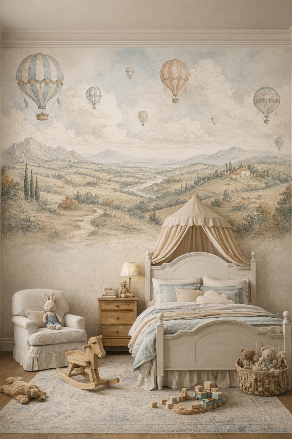 Classic Storybook cream hot air balloons featuring mountain vista - Wall Mural Peel and Stick Wallpaper for Classic Storybook Kids Bedroom.