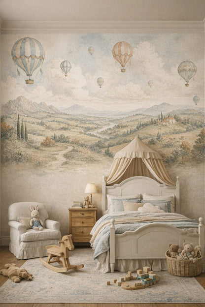 Classic Storybook cream hot air balloons featuring mountain vista - Wall Mural Peel and Stick Wallpaper for Classic Storybook Kids Bedroom.