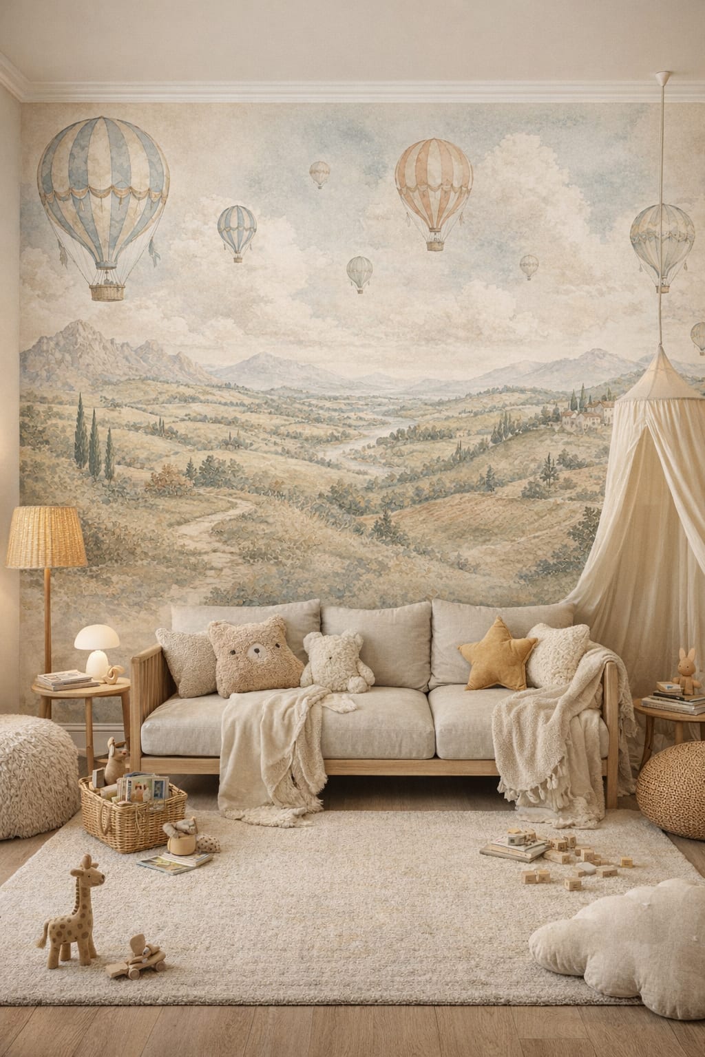 White light gray hot air balloons featuring countryside landscape - Wall Mural Peel and Stick Wallpaper for Scandi Kids Reading Corner.