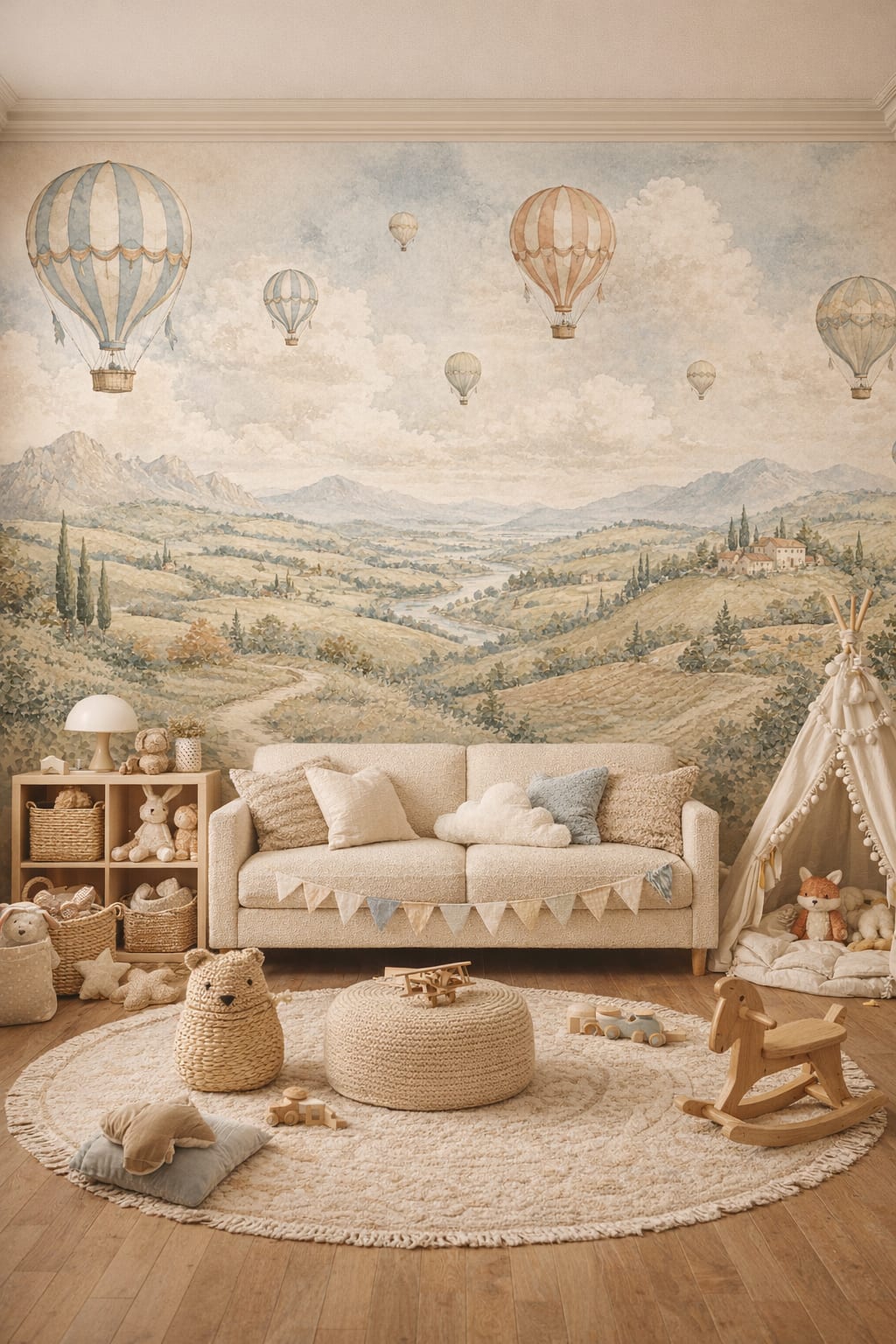 Whimsical Boho cream hot air balloons featuring mountain vista - Wall Mural Peel and Stick Wallpaper for Whimsical Boho Playroom.