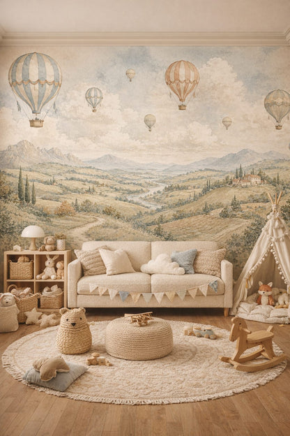 Whimsical Boho cream hot air balloons featuring mountain vista - Wall Mural Peel and Stick Wallpaper for Whimsical Boho Playroom.