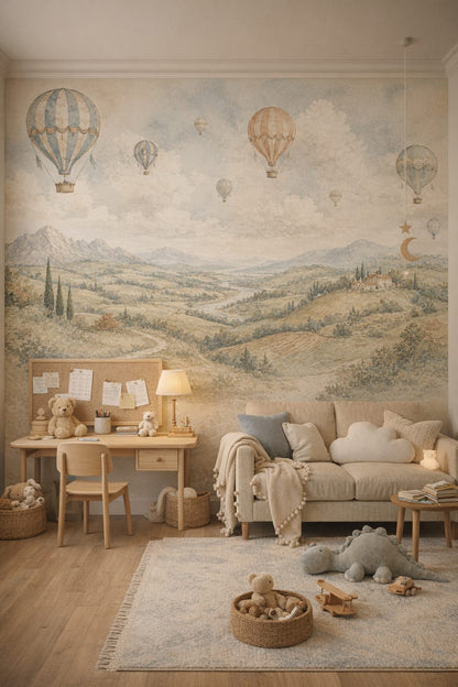 Neutral Modern hot air balloons featuring mountain vista - Wall Mural Peel and Stick Wallpaper for Modern Montessori Homework / Study Corner.