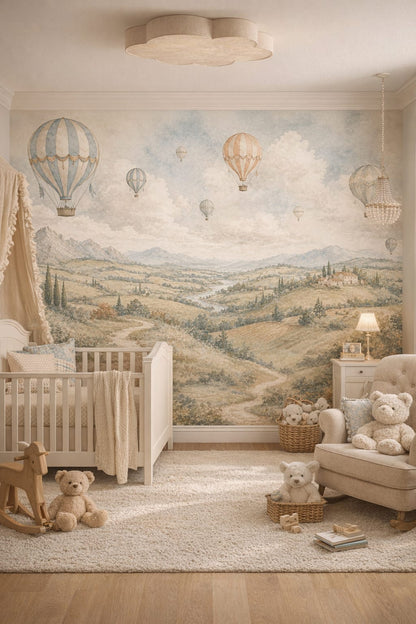 English Garden, garden green hot air balloons featuring countryside landscape - Wall Mural Peel and Stick Wallpaper for English Garden Nursery Kids Bedroom.