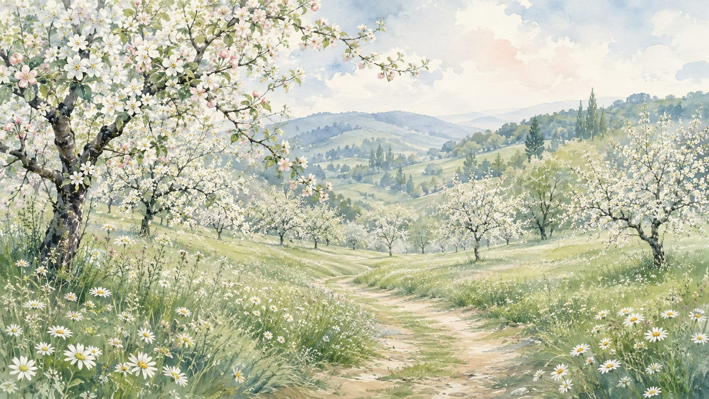 Serene Watercolor Sage Green Flowering Orchard featuring Wildflower Meadow and Rolling Hills - Wall Mural & Peel and Stick Wallpaper for Watercolor Interiors and Premium Home Styling