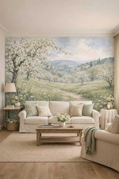 English Cottage green-cream flowering orchard featuring wildflower meadow - Wall Mural Peel and Stick Wallpaper for English Cottage Living Room.