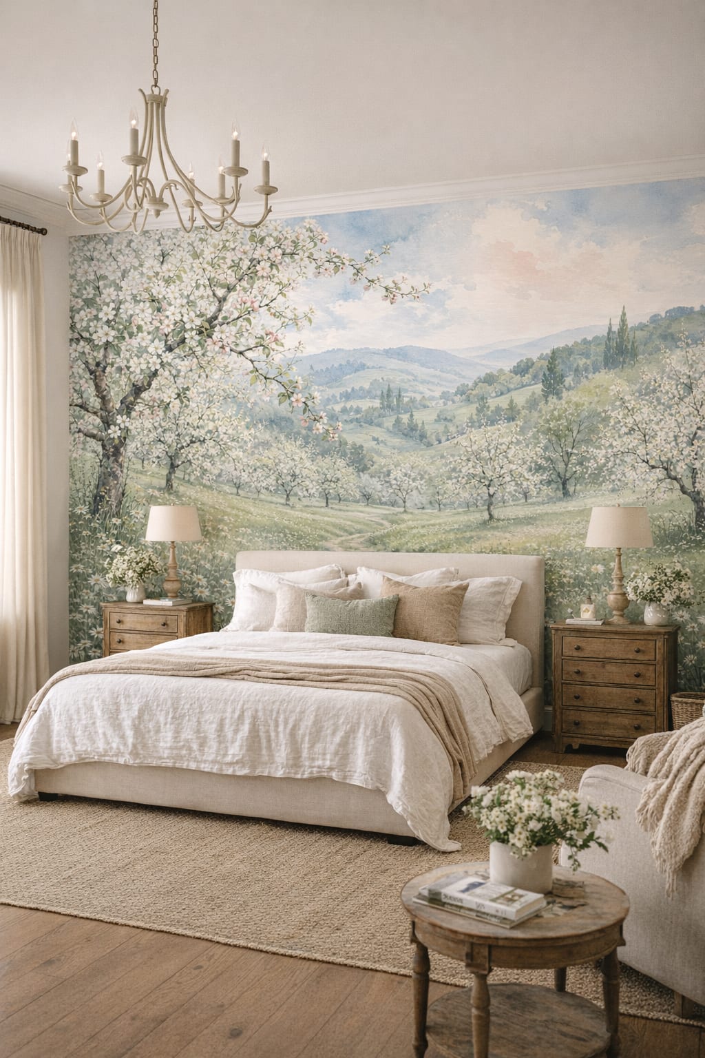 Provençal sage-cream flowering orchard featuring rolling hills - Wall Mural Peel and Stick Wallpaper for Provençal Master Bedroom.