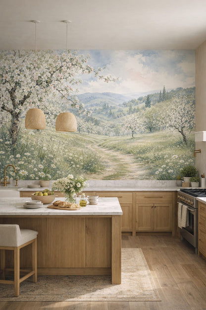 Biophilic green-neutral flowering orchard featuring wildflower meadow - Wall Mural Peel and Stick Wallpaper for Biophilic Design High-end Kitchen.
