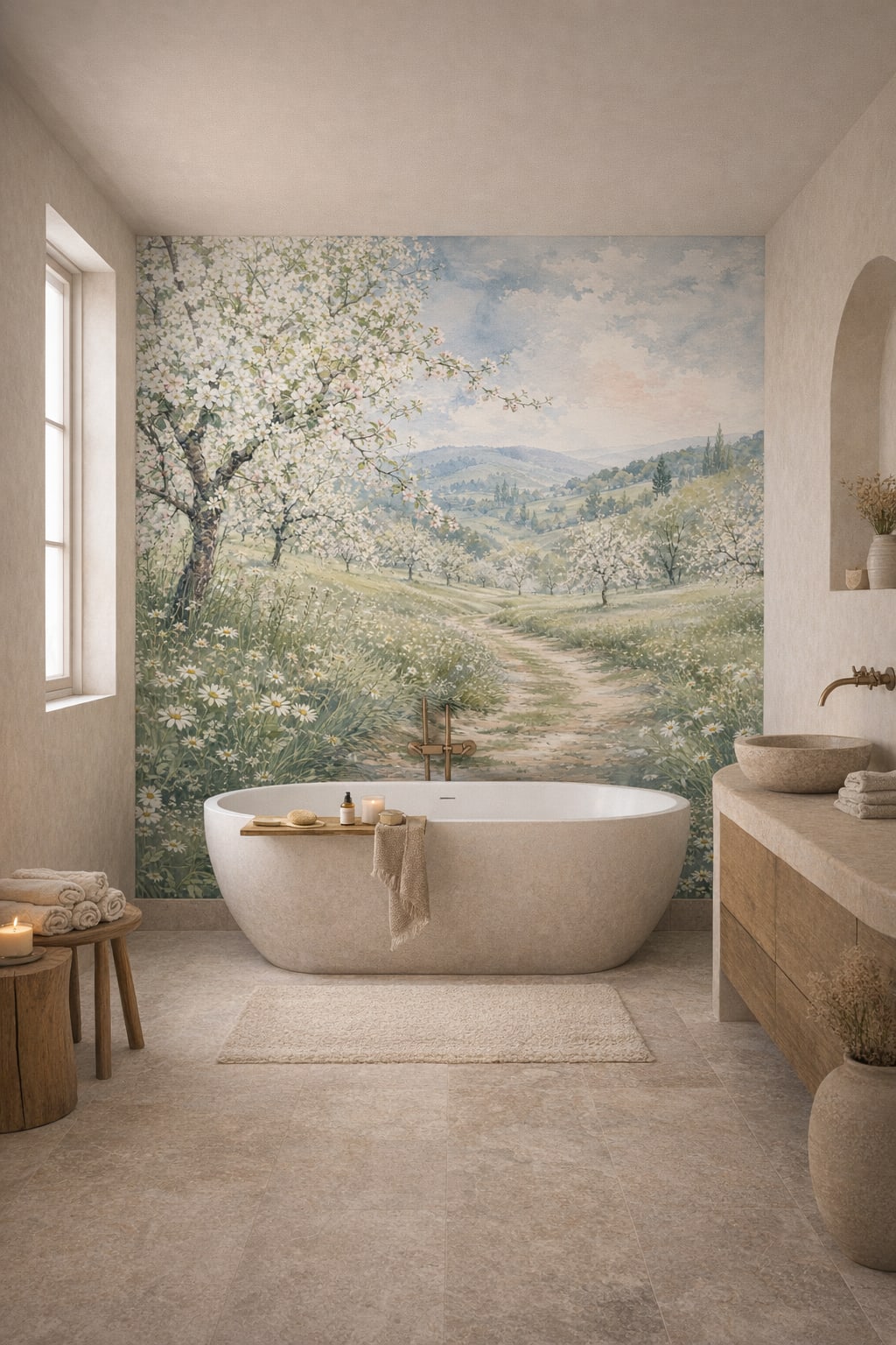 Wabi-sabi earth-tone flowering orchard featuring wildflower meadow - Wall Mural Peel and Stick Wallpaper for Wabi-sabi Luxury Bathroom.