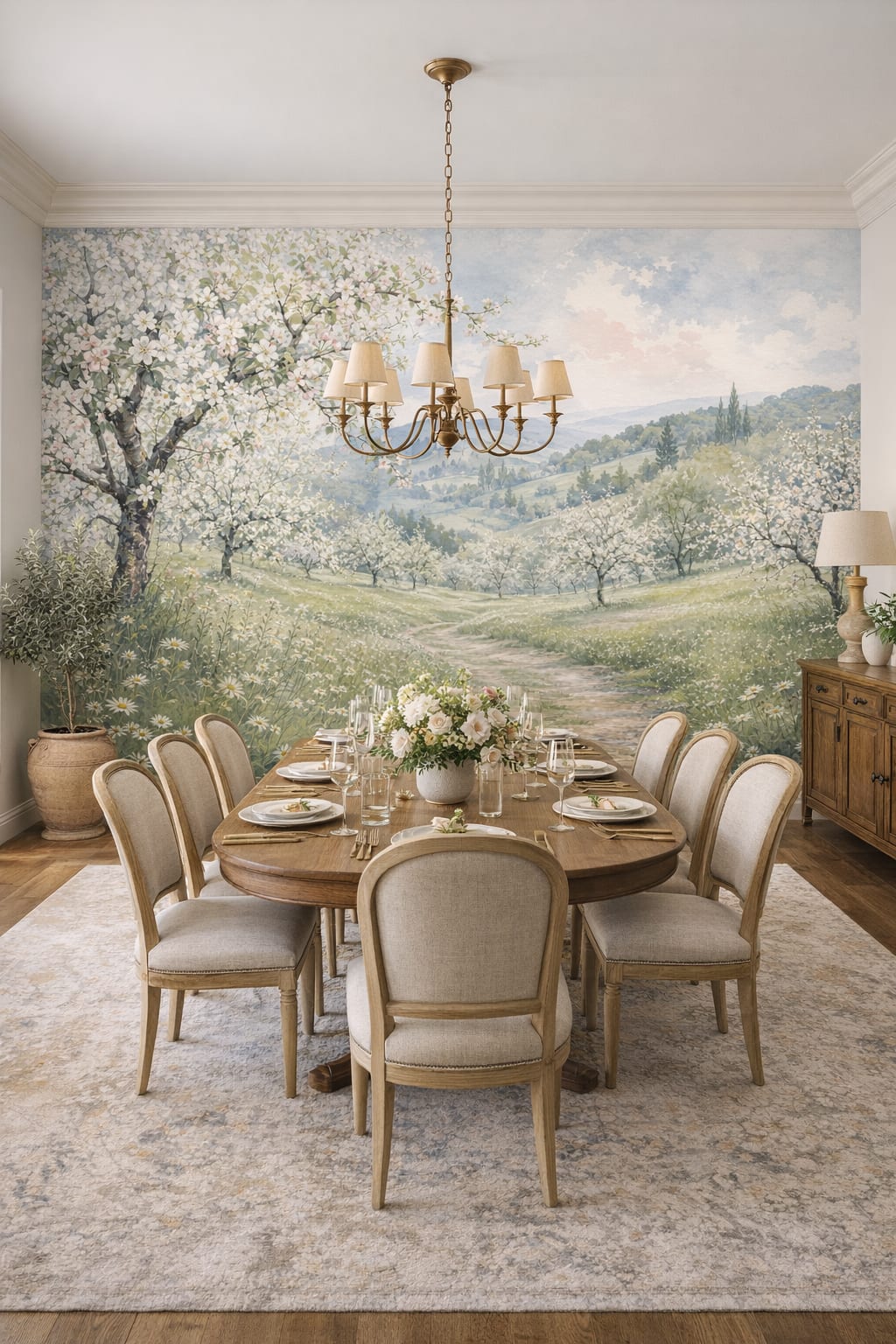 Mediterranean white-blue flowering orchard featuring rolling hills - Wall Mural Peel and Stick Wallpaper for Mediterranean Formal Dining Room.