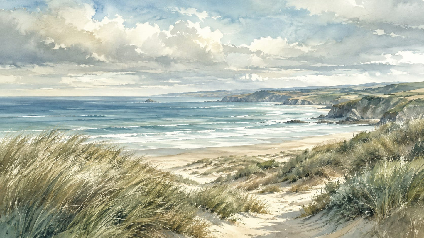 Airy painterly Blue coastal landscape featuring sand dunes and sea cliffs - Wall Mural & Peel and Stick Wallpaper for Watercolor Interiors and Premium Home Styling.